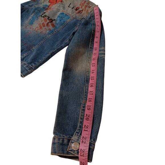 VINTAGE 90s Y2K Jean Jacket Painted Denim Butterflies‎ Artsy Studs Faded Small - Picture 13 of 14